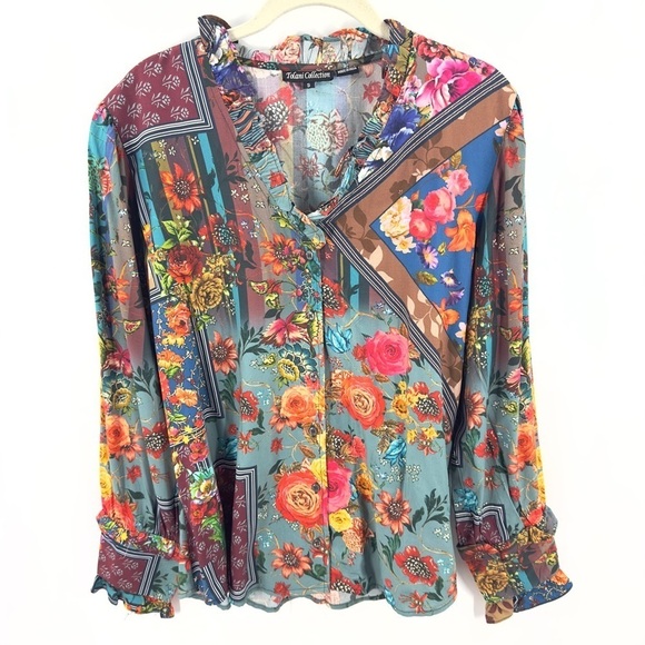 Tolani Collection Button Down Top Womens Small Floral Patchwork Boho Indie Soft - Picture 10 of 10